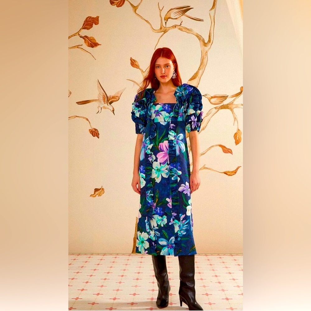 NWT Farm Rio Floraline Ruffle Short Sleeve Midi Dress Size M